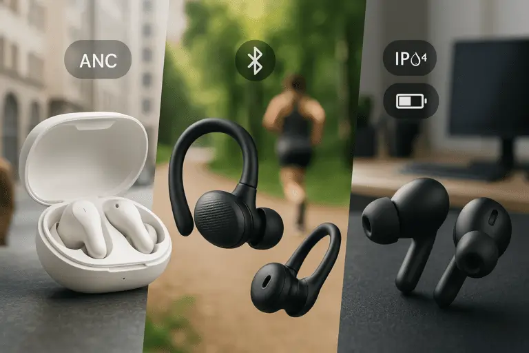 2025 earbuds collection featuring true wireless, fitness-focused, and noise-canceling models in environments like commuting, gym, and home office, highlighting portability, ANC, and water resistance.