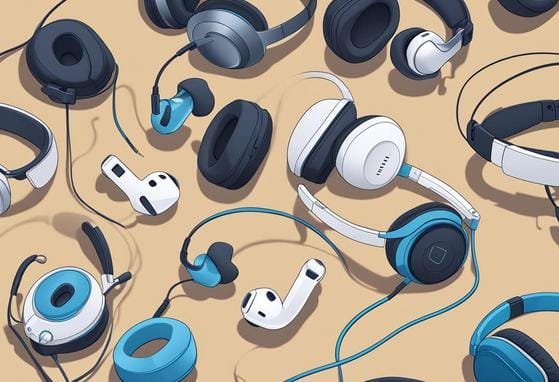 A collection of modern sound devices including noise-canceling headphones and wireless earbuds