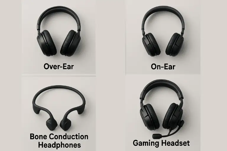 Types of Headphones: Over-ear (noise-canceling design), on-ear (portable lightweight style), bone conduction (open-ear situational awareness), and gaming headsets (surround sound with boom mic).