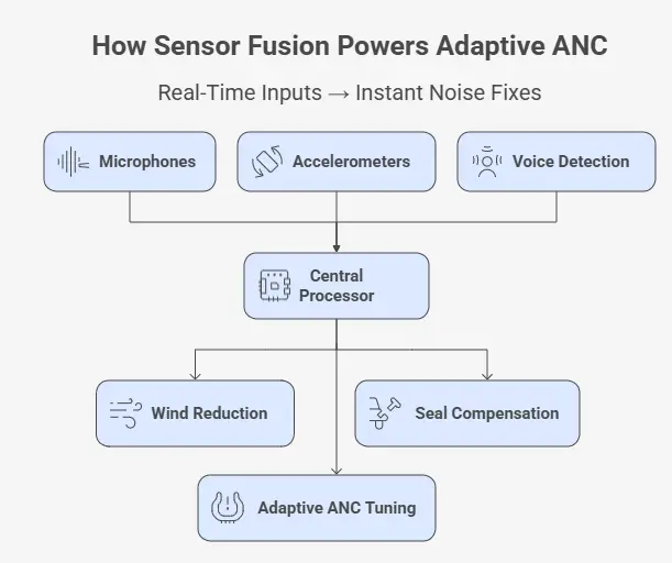 Diagram showing sensor fusion: Headphone processor combining accelerometer (motion), internal mics (seal leaks), and voice detection to enable wind reduction, seal compensation, and auto-transparency.