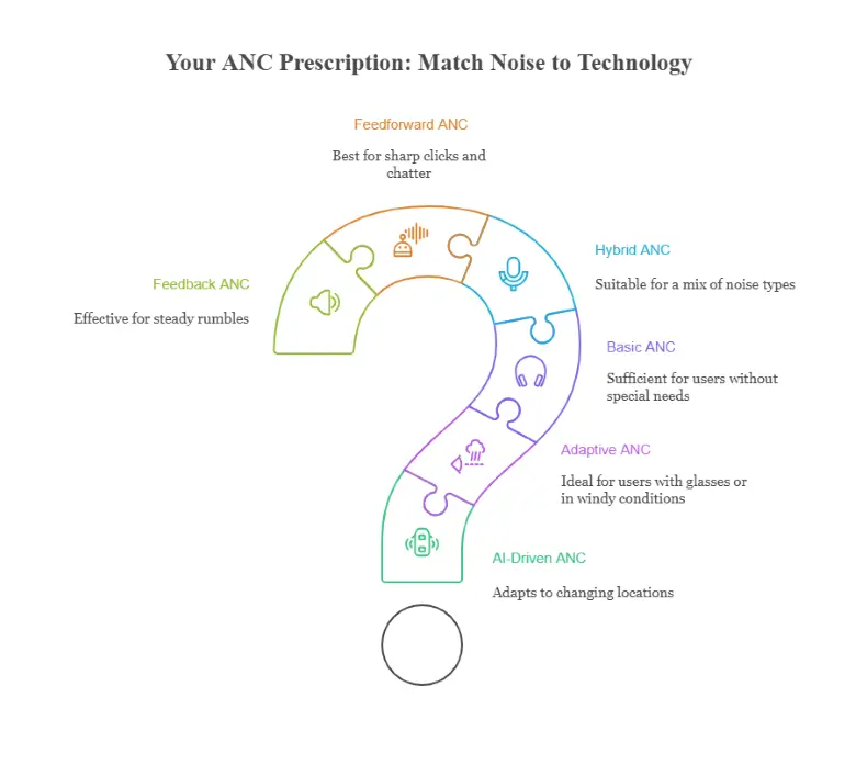 Decision map: Start with "Primary Environment" → "Noise Challenge?" → Steady rumbles? Feedback ANC → Sharp clicks? Feedforward ANC → Mixed? Hybrid ANC → "Special Needs?" → Glasses/wind? +Adaptive → Changing locations? +AI → None? Basic ANC.